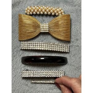 Vintage Rhinestone Pearl Barrette Hair Clip Lot 6 Gold Bow France 2-4in Set Deco